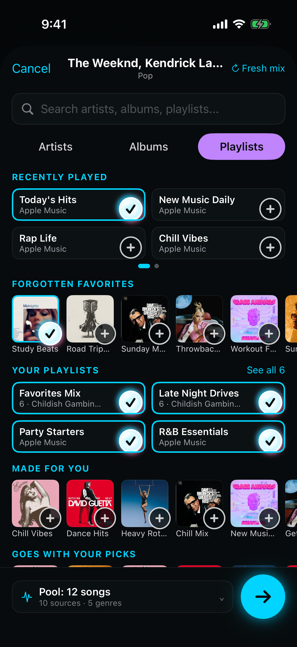Go Live: building a song pool, with artists, albums and playlists added as sources and the pool bar counting the songs ready to mix into a set.