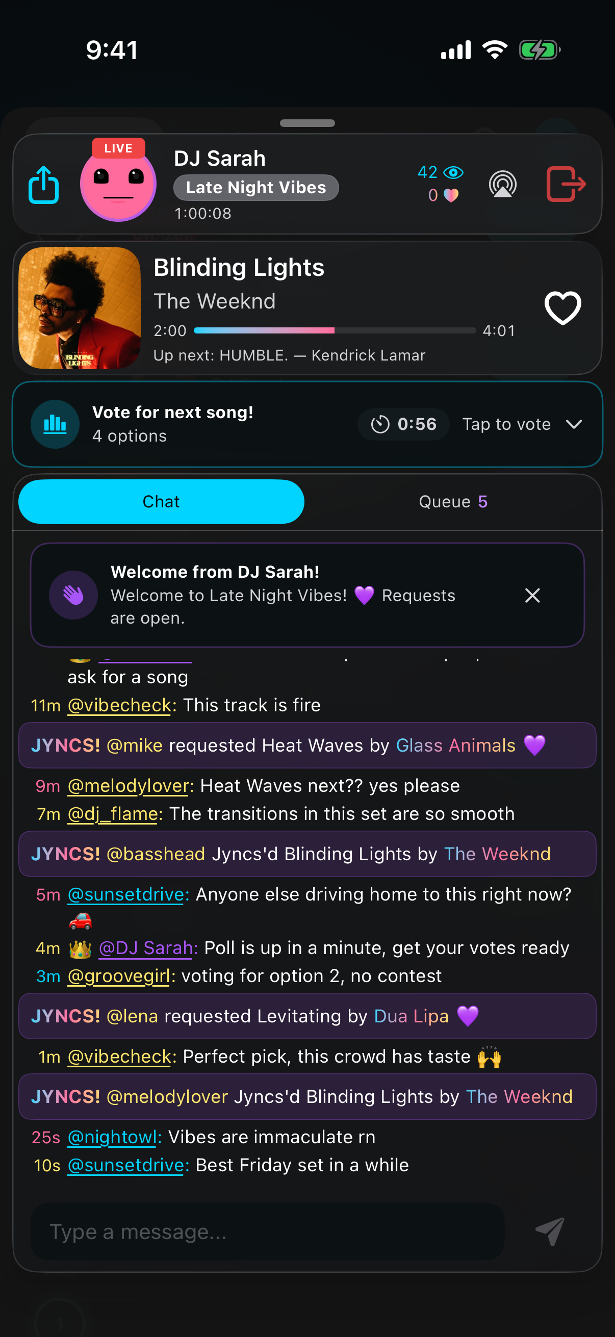 A live stream with the chat open: the song playing now with a heart button, a vote for the next song, the DJ's welcome message, and listeners chatting, with a song request and a jyncs called out in the chat.